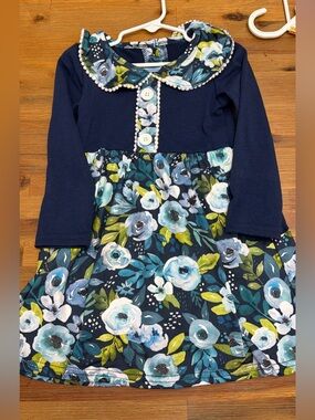 Girls Navy Floral Long-Sleeve Dress with Peter Pan Collar